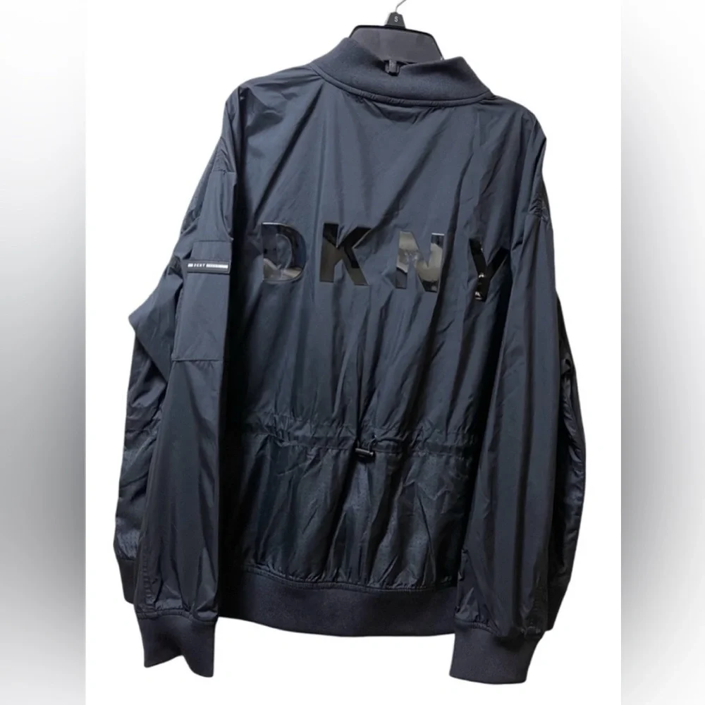 DKNY SPORT ZIP-UP WINDBREAKER JACKET LOGO DRAWSTRING UNISEX BLACK COLOR SZ LARGE